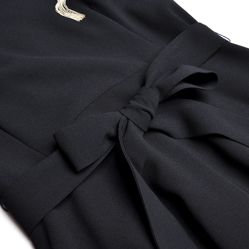 Year Fashion Women Long Dresses Half Sleeves Black Color V-Neck Tassel Tie Bow Lady Office Work Dress