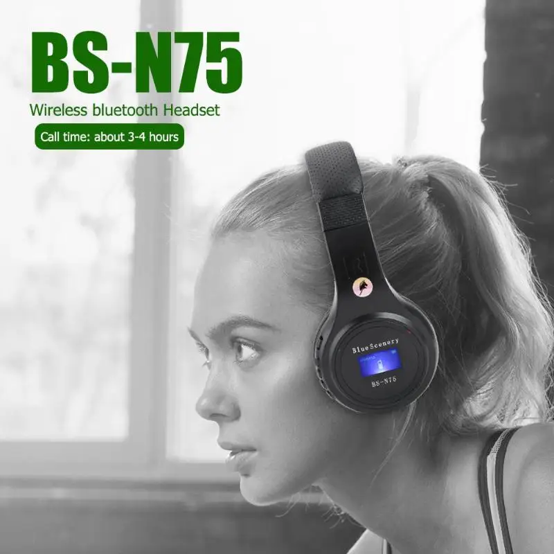 BS-N75 складные беспроводные Bluetooth наушники гарнитура с ЖК-дисплеем синий FM TF слот для карт Поддержка 32 Гб MP3 автомобиля электронный