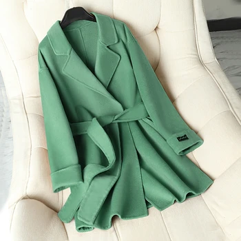 

2020 Autumn Winter New Fashion Red Double-sided Cashmere Coat Women Wool Jacket Loose Sashes Long Woolen Overcoat Women Outwear