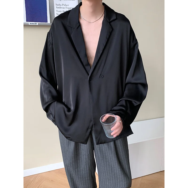 Men Summer Black White Silk Blazer Fashion Business Korean Loose Casual Dress Jacket M-XL