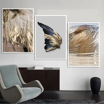

3Pcs Abstract Golden Feather Shimmering Waves Canvas Painting Wall Poster Modern Style Art Home Living Room Decor
