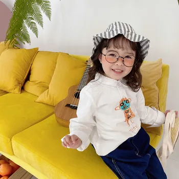 

2020 Spring Childrenswear Fold-down Collar BOY'S Shirt Long-sleeved Upper Garment Cartoon Robot Children White Shirt