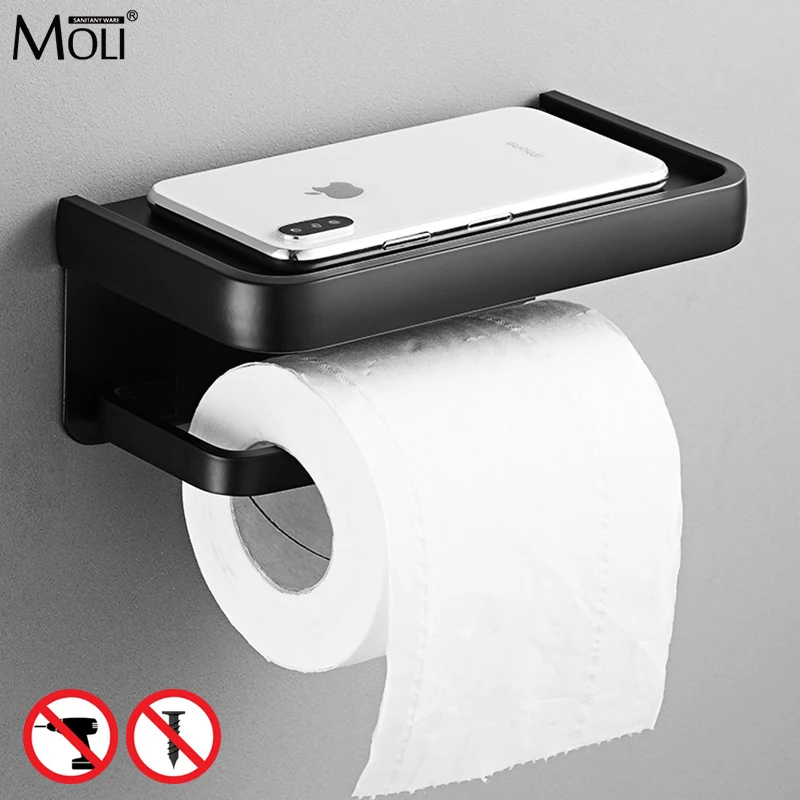 Self Adhesive Bathroom Black Toilet Paper Holder with Phone Shelf