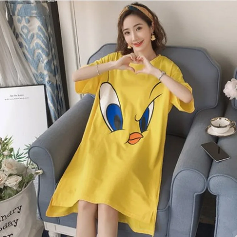 

Short Sleeve Nightgown Women's Summer Nightgown Yellow Chickens Skirt M-XXL Fight a Lot of Usable Figure