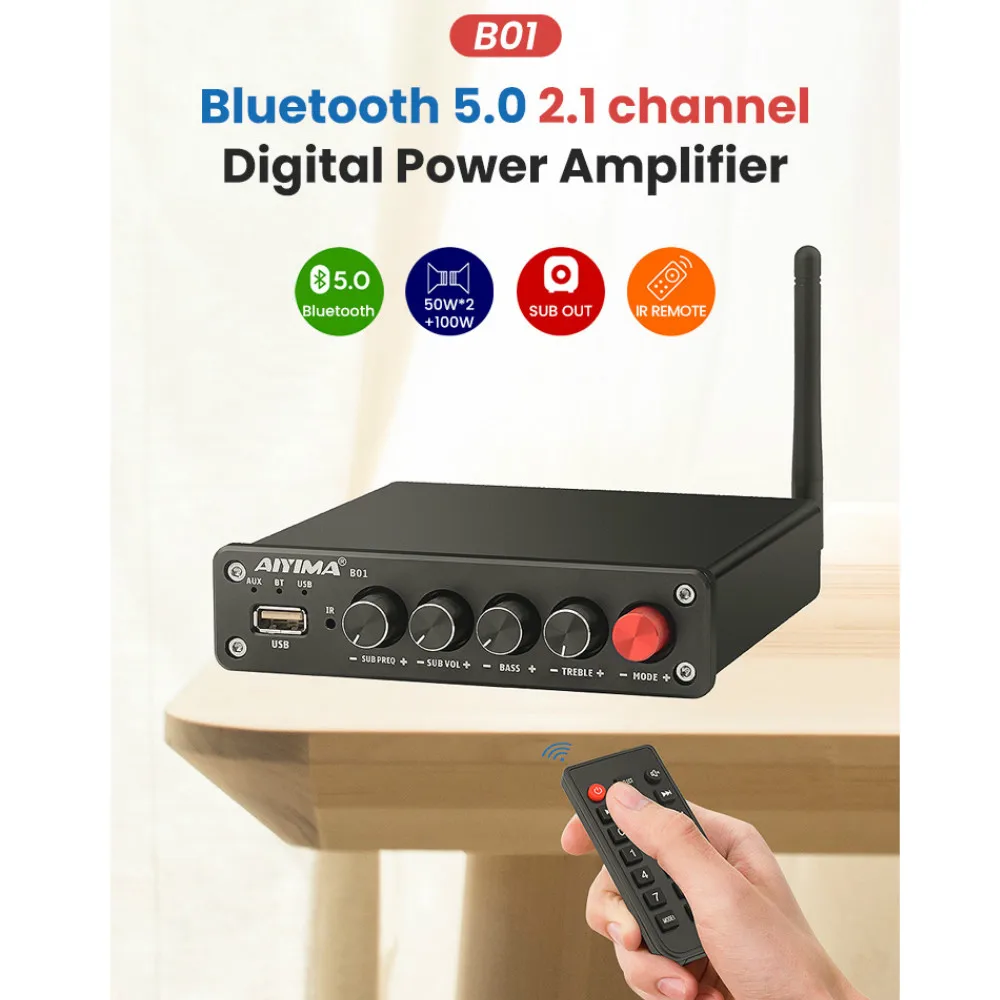 AIYIMA B01 Bluetooth Power Amplifier 2.1 Sound Amplificador Speaker Home Audio Amp A03 TPA3116 Subwoofer Amplifier 50Wx2+100W bluetooth hifi power amplifier 50wx2 tpa3116 channel 2 0 bt 5 0 amp home car digital audio amplifiers usb u disk tf music player