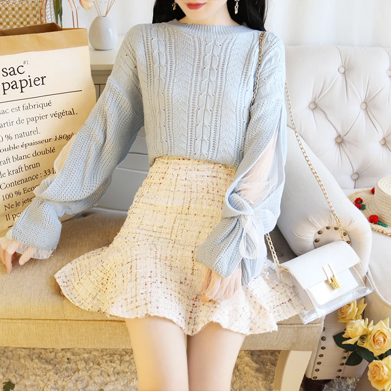 

Women Lantern Sleeve Pullover Sweater With Thick Woolen Skirts Two Piece Clothing Set Vestido 2019 Autumn Winter New Design