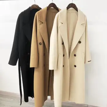 

Autumn Women Woolen Coat Turn Down Collar Double Breasted Long Wool Coat Camel Women Warm Coat Casaco Feminino