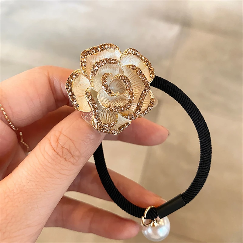 metal hair clips New Women Shiny Diamond Camellia Elastic Hair Bands Gilrs Elegant Hair Hair Tie Bands Horsetai Fashion Korean Hair Accessories hair ties for women