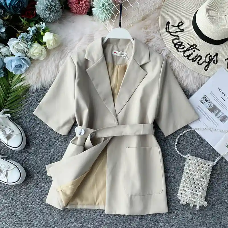 

new coat Short Sleeve Women Blazer Coat Single Button Notched Suit Jacket 2019 New Thin Blazers with Adjustable Buttons Belt