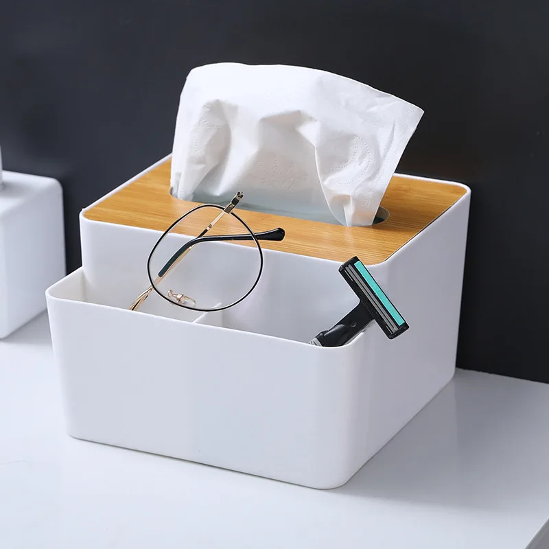 

Multifunctional Bamboo Cover Tissue Box Creative Desktop Pumping Box Household Living Room Simple Plastic Napkin Storage Box