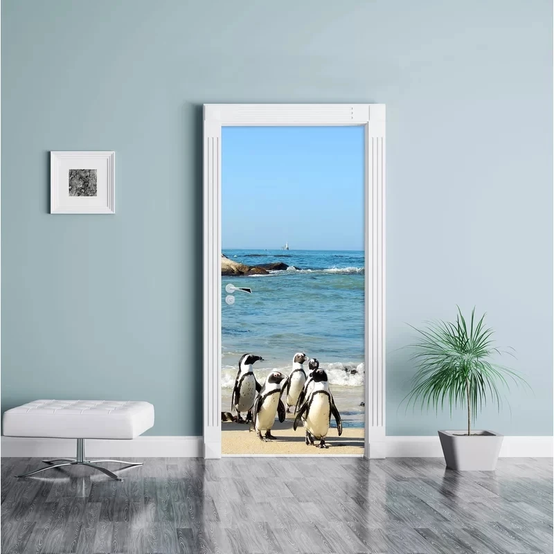 Самоклеющиеся обновленные украшения для дома 3d наклейки на дверь с изображением пингвина, печать на море, искусство, водостойкая Фреска, ремонт гардероба, наклейка, изображение