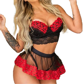 

Woman Erotic Costume Sets Fashion Women Sexy Sleeveless Lace Mesh Peach Heart Print Bra Top Mini Skirt Suits Sexy Lingerie
