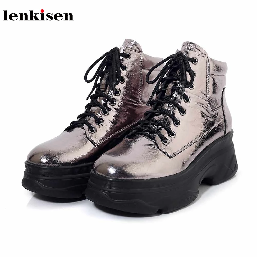 

Lenkisen genuine leather thick bottom boots high heels round toe platform lace up young lady shiny winter women ankle boots L63
