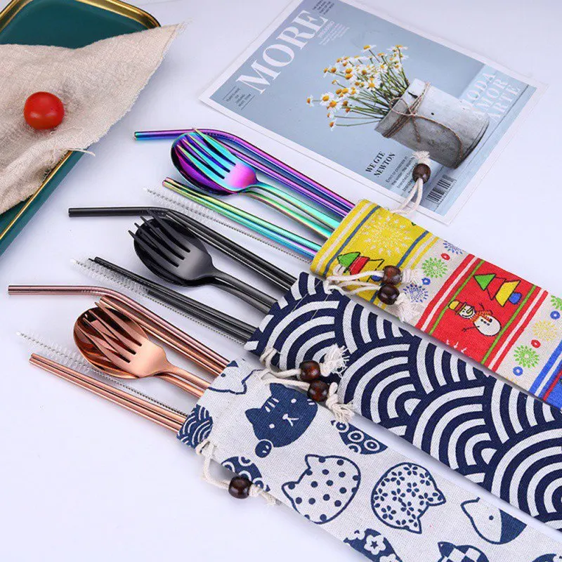 

5PCS Stainless Steel Environmental Protection Colorful Spoon Fork Straw Chopsticks With Linen Bag tm