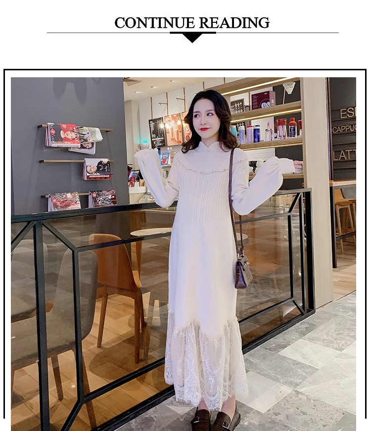 Winter Fashion Maternity Knitting Party Dress Lace Ruffles Patchwork Irregular Pregnant Women Trumpet Dress New Year Maxi Dress