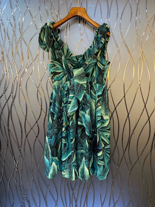 Early spring new women's deep V-neck leaf print decorative sleeveless dress 1130