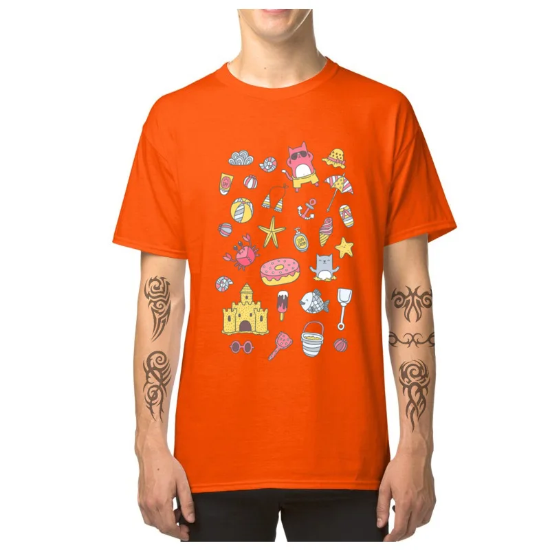  Men's T-Shirt Cats_on_the_beach_8934 Printing Tees All Cotton Crewneck Short Sleeve Casual Tee-Shirt VALENTINE DAY Cats_on_the_beach_8934 orange