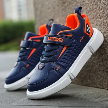 

New 2020 Children's Leather Sports Shoes Boys Girls Board Shoes Fashion Brand Student Running Shoes Hook&loop Breathable Sneaker