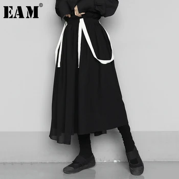 

[EAM] High Elastic Waist Black Contrast Color Temperament Stap Half-body Skirt Women Fashion Tide New Spring Autumn 2020 1S431