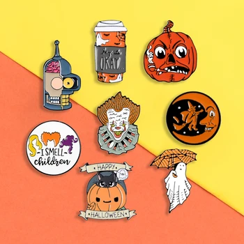 

Halloween pins Cartoon Pumpkin enamel pins Gotham clown ghost Witch badges brooches Lapel hat bag jackets pin Punk Jewelry gift