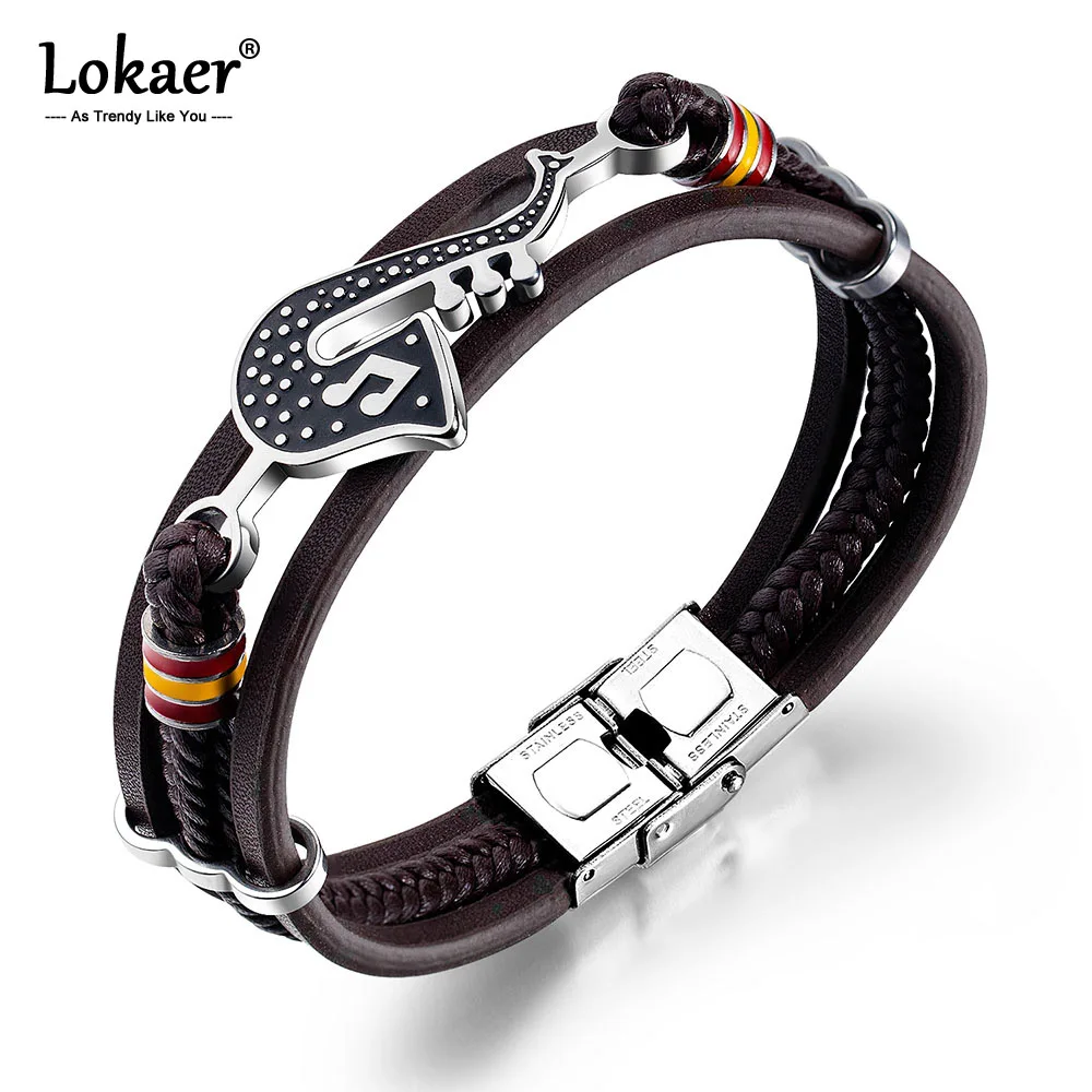 

Lokaer Original Design Titanium Steel Men's Leather Wrap Bracelets Bangles Handmade Saxophone Chain & Link Bracelets OPH1356