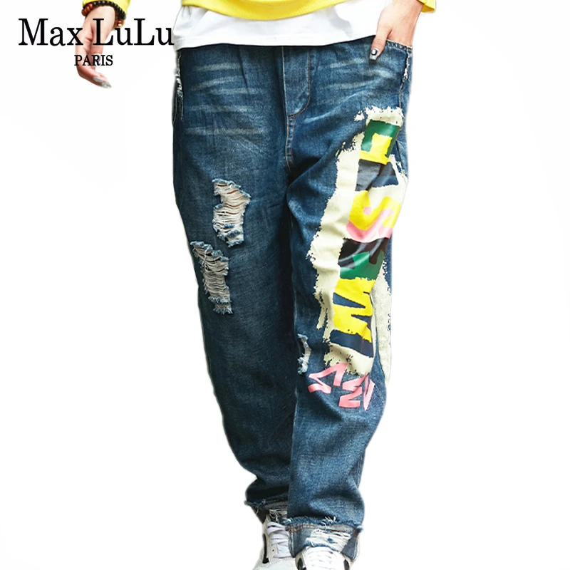 Max LuLu модные корейские женские панк уличные женские осенние рваные джинсы с принтом винтажные джинсовые брюки с дырками Большие размеры