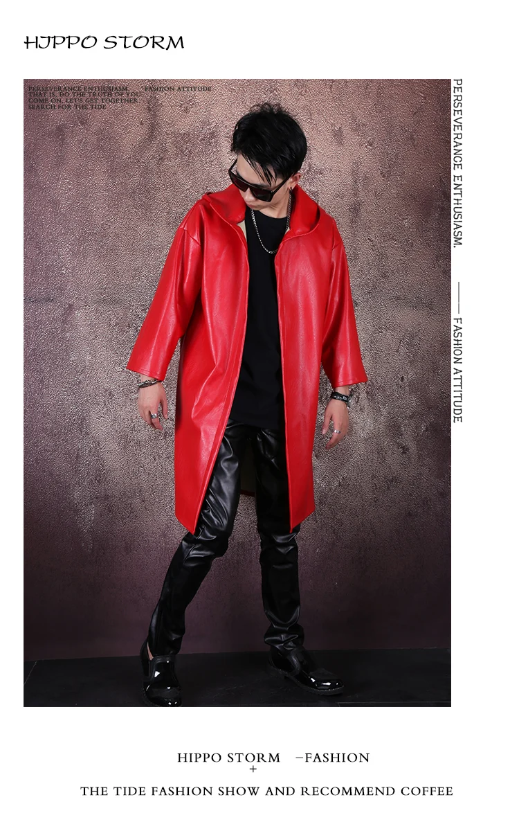 Men's Singer Concert Trench Costume Red Faux Leather Windbreaker Hooded PU Cloak Long Overcoat Tide Male Dancer Hip Hop Coat