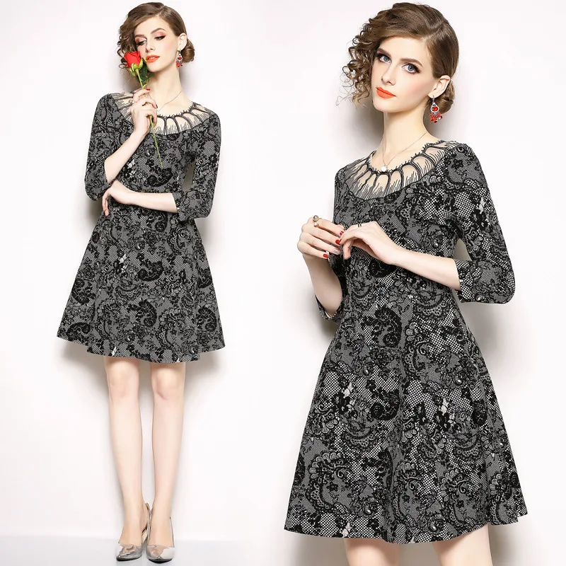 

Ozhouzhan 2018 Autumn And Winter New Style WOMEN'S Dress High-End Hollow out Embroided Dress-Style Floral Printed Dress Hot Sell