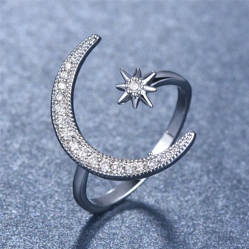 Открытие изменяемое регулируемое кольцо на палец женское Индивидуальность Мода Стразы полумесяц кольцо в форме звезды Подарочное кольцо