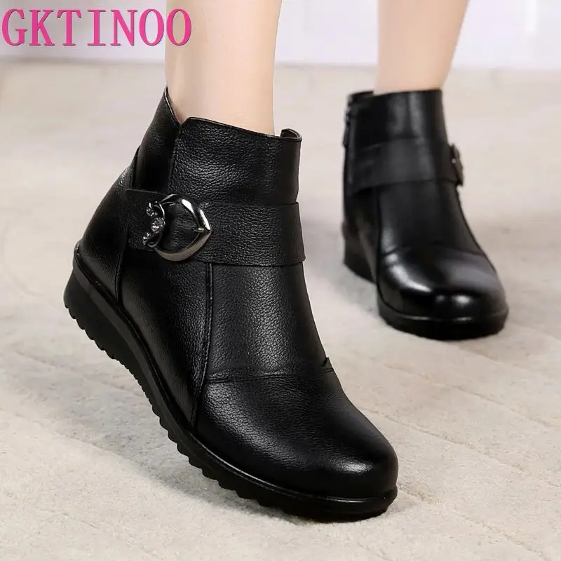 GKTINO Winter Shoes Women Boots Genuine Leather Wedge Heels Non-slip Women's Boots Large Size Mother Warm Famale Snow Boots