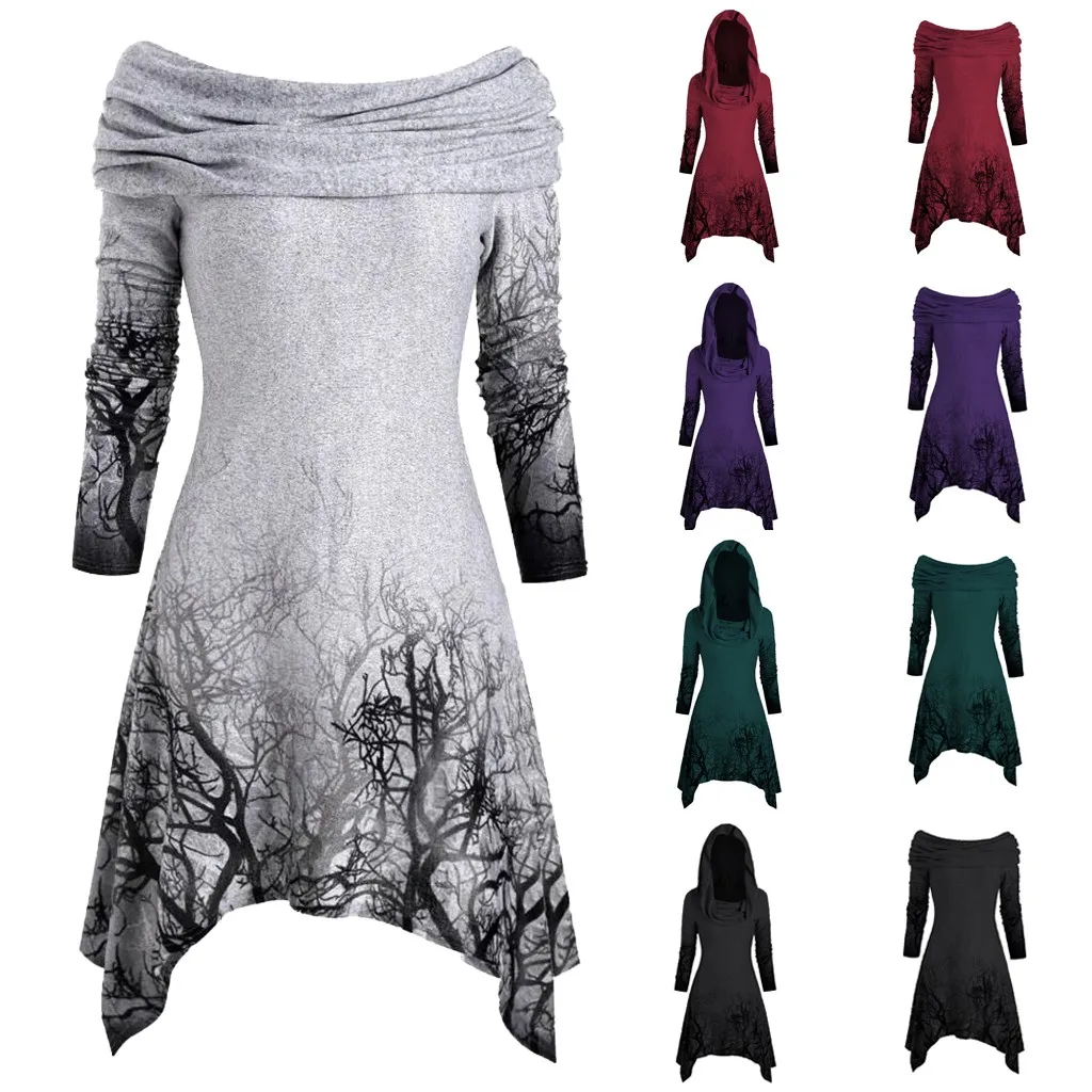 

Tshirt Women Halloween Tree Print Convertible Collar Asymmetrical Knitwear Cloak Tops Poleras Top Women Harajuku T Shirt Haut