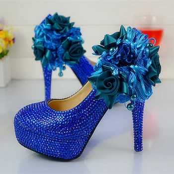 

Handmade Lady Anniversary Party Pumps Wedding Dress Shoes Royal Blue Color Rhinestone Party Prom High Heel Shoes Plus Size