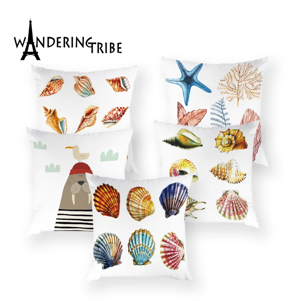 

Cartoon Seashell Starfish Cushions Cover Watergrass Vintage Covers Pillows Decorative Pillow Case Home Decor 45*45 for Cushion