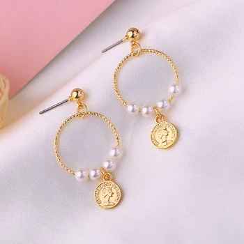 

Ancient Greek Queen Engraved Nameplate Acrylic Pearl Round Circle Drop Earrings For Women Gold Color Fashion Jewelry Wholesale