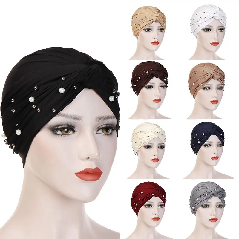 

2019 Women Elastic Turban Hat Muslim Hijab Beads Cancer Cap Head Wrap Cover Scarf Stretch Beanie Bonnet Indian Chemo Hair Loss