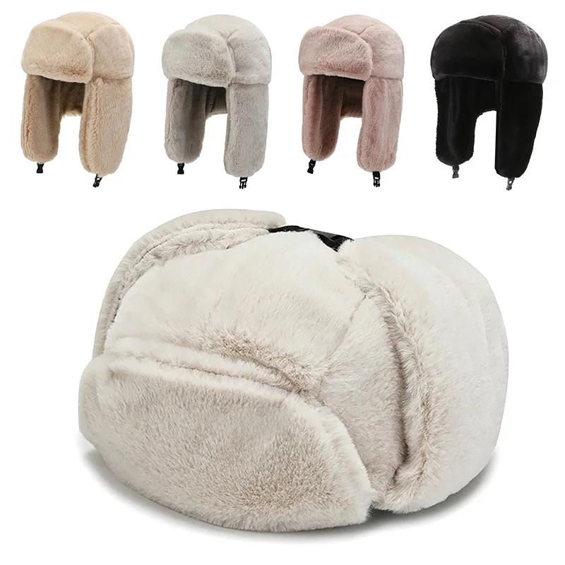 Winter Cycling Ski Hat Warm Earmuffs Thicken Plush Ear-flapped Hat For Men and Women Faux Fur Windproof Cap Russian Bomber