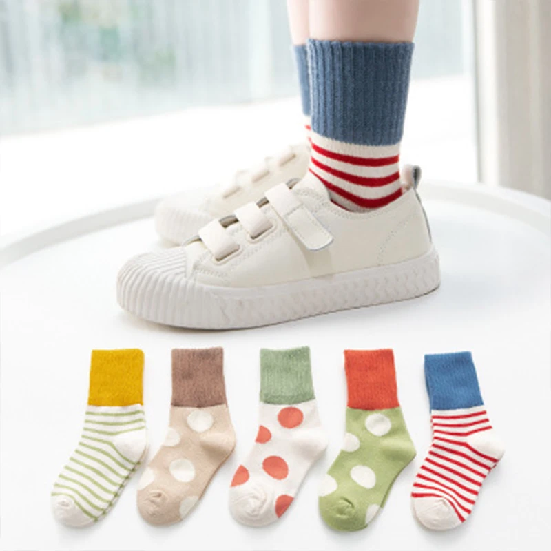 

5pcs/set Child Multiple Styles Sock Baby Horizontal Stripes Dot Styles Sock Toddlers Non-slip Cotton Thicken Fashion Winter Sock