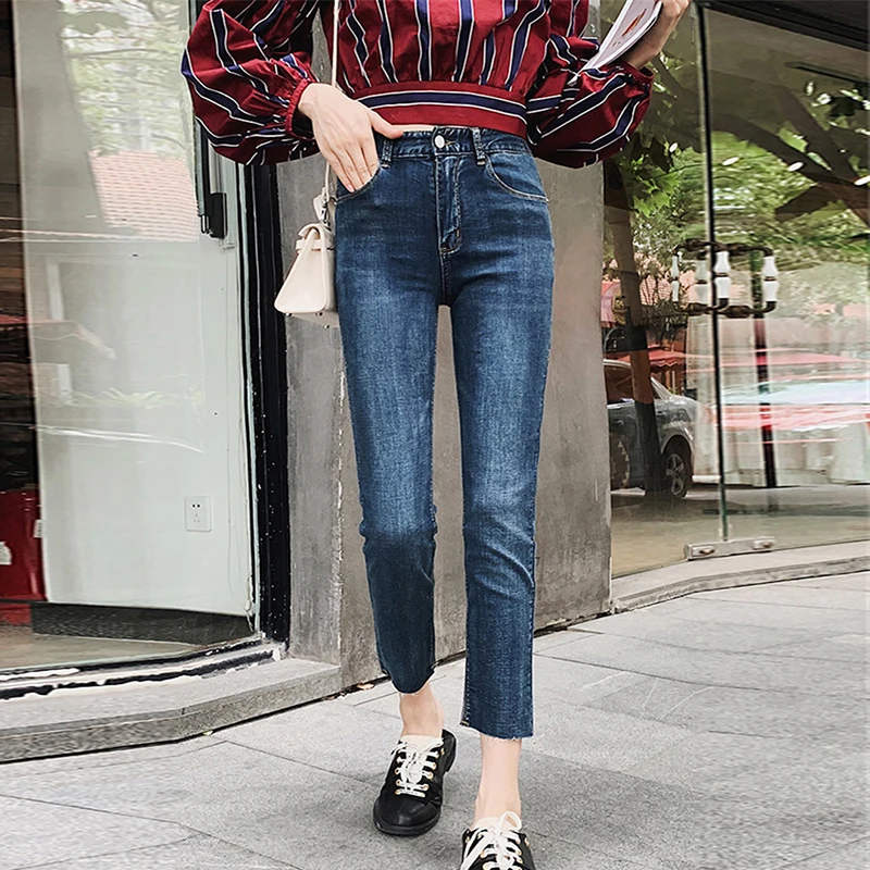 

High Elastic Casual Women Jeans Washed Denim Ankle Length Skinny Pencil Pants Waisted Retro Cowboy Pants Fashion Spodnie Damskie