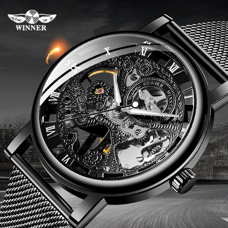 

WINNER Men Watch Top Luxury Brand Fashion Sports Mechanical Watches Mens Business Mesh Steel Band Wristwatch Relogio Masculino