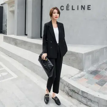 

Women's suit 2019 autumn new fashion casual temperament was thin and thin double-breasted small suit trousers two-piece set
