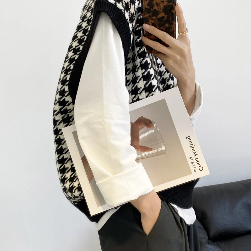Eleganter Hahnentrittmuster-Pullover mit lockerem Strick, Herbst, V-Ausschnitt, ärmellos, dick, lässig, für Damen, schicke Tops_voghion.com