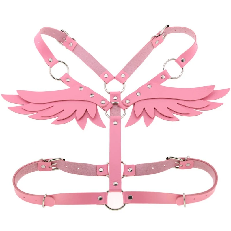 

Pink Angel Wing Pu Leather Body Harness Cage Bra Sexy Lingerie Fetish for Women Punk Gothic Bondage Crop Tops Cosplay Rave Wear