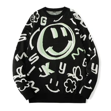 Winter SMiley Face Vintage Sweaters Men Pullover Mens O-Neck Korean Fashions Full Printed Sweater Women Casual Harajuku Clothes