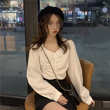 

Make firm offers! Temperament fold v-neck small unlined upper garment of easing short thin joker shirt with long sleeves shirt