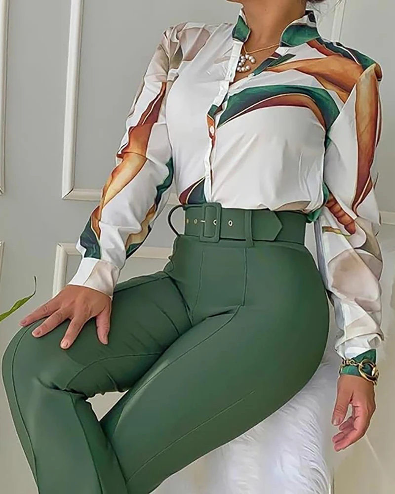 Jesenski trend Ležerna košulja s kopčanjem s printom lišća i hlače visokog struka Sst dvodijelni set Ženska trenirka Uredska odjeća Uellow