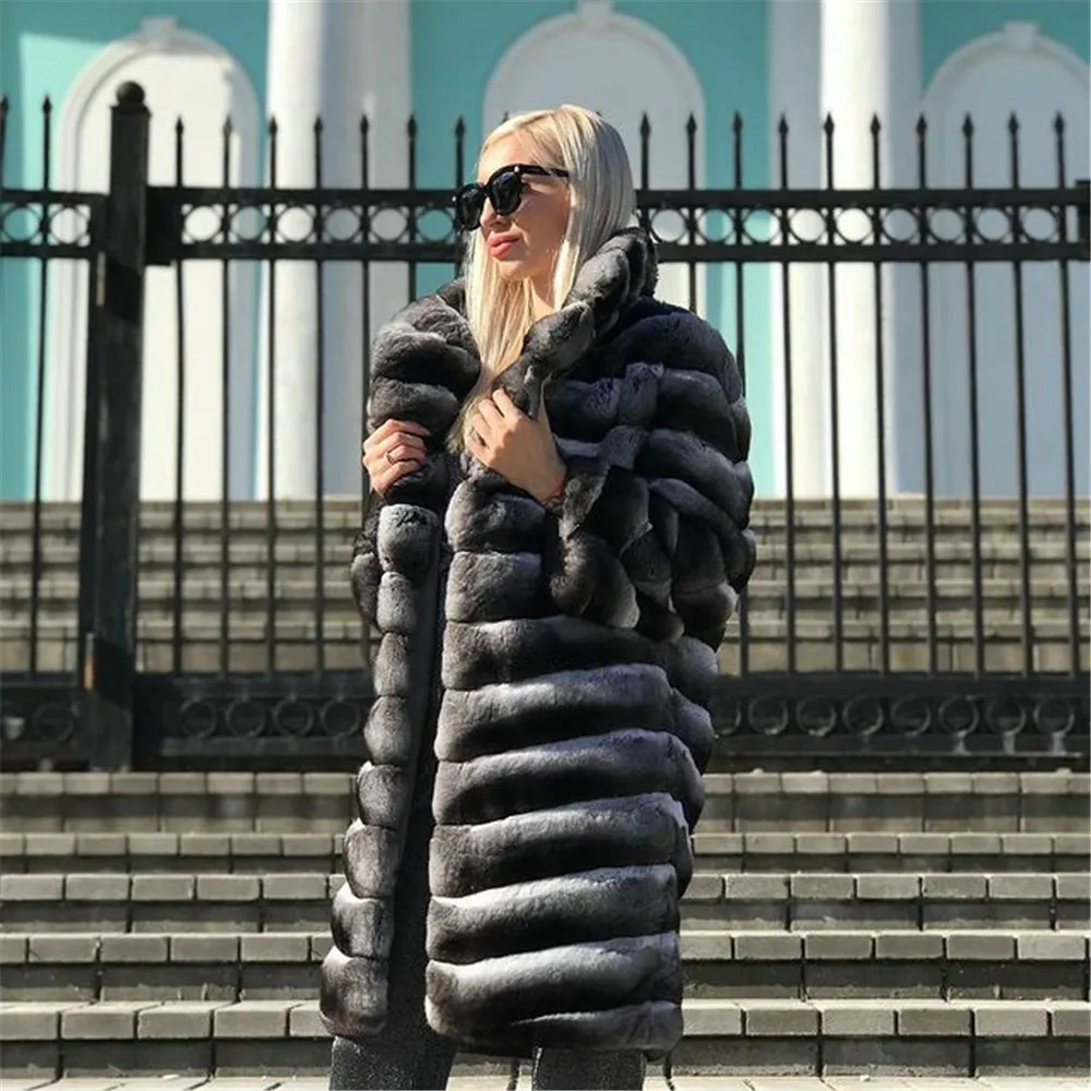 Natural Rex Rabbit Fur Coat Full Pelt Women's Winter Outwear High Quality Long Genuine Rex Rabbit Fur Coats Chinchilla Color