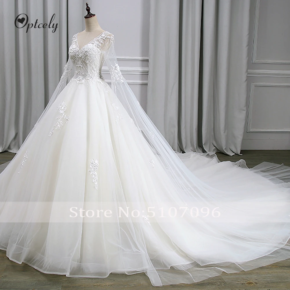Optcely Hot Sale Sexy V-neck 4m Long Sleeve A-Line Wedding Dress New Appliques Beaded Backless Bridal Gown Vestido De Noiva
