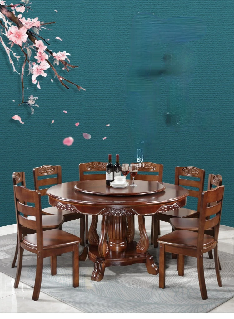 Description Picture 2 of itemSolid wood dining table with turntable round dining table Chinese style large round table dining table and chair combination