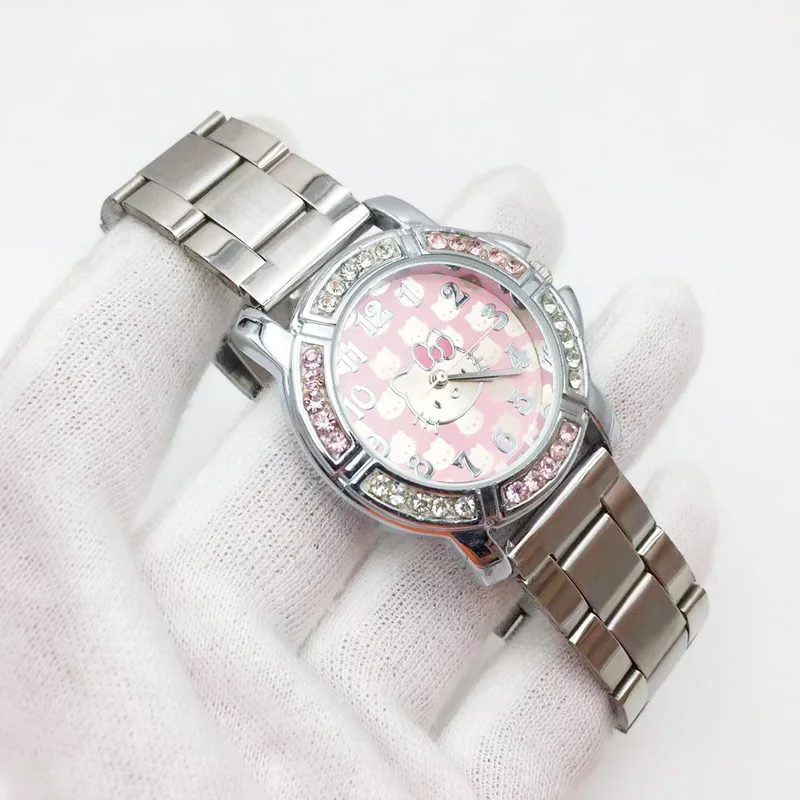 classic design hello kitty cat cartoon watch for women fashion ladies wrist watches shinning crystal pink dial stainless steel bracelet girls students clock female free shipping (6)
