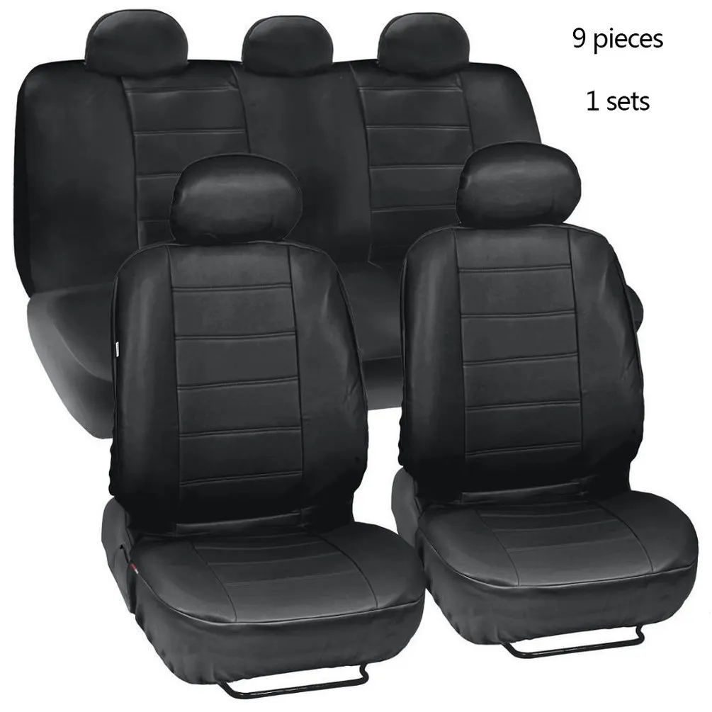 

4pcs/9pcs Black Leatherette Car Seat Covers Front Rear Full Set Side Airbag & Armrest Compatible Synthetic Leather Auto